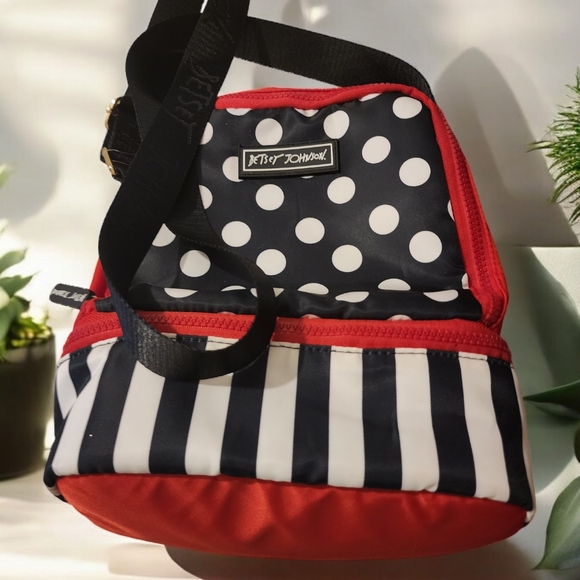 Betsey Johnson Insulated 2 compartment Lunch Tote Bag Dots Stripes NWOT - Picture 1 of 6